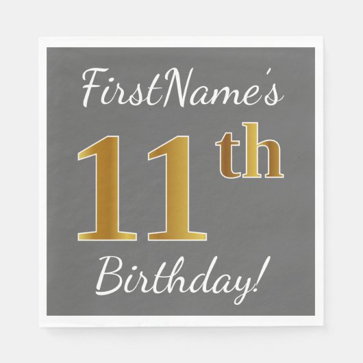 Serviette En Papier Grey, Faux Gold 11e anniversaire + Nom personnalis (Devant)