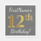 Serviette En Papier Grey, Faux Gold 12e anniversaire + Nom personnalis (Devant)