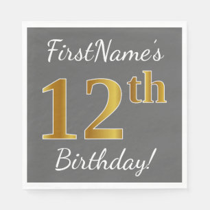 Serviette En Papier Grey, Faux Gold 12e anniversaire + Nom personnalis