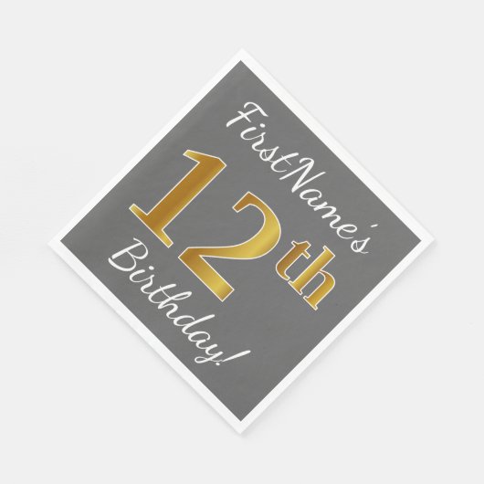 Serviette En Papier Grey, Faux Gold 12e anniversaire + Nom personnalis (Coin)