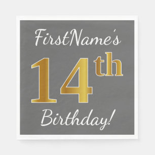 Serviette En Papier Grey, Faux Gold 14e anniversaire + Nom personnalis