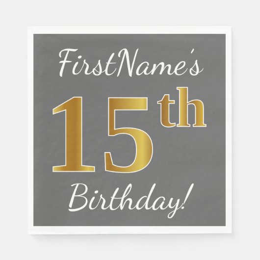 Serviette En Papier Grey, Faux Gold 15e anniversaire + Nom personnalis (Devant)