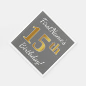 Serviette En Papier Grey, Faux Gold 15e anniversaire + Nom personnalis (Coin)