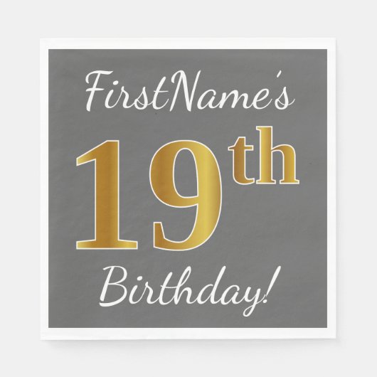 Serviette En Papier Grey, Faux Gold 19e anniversaire + Nom personnalis (Devant)