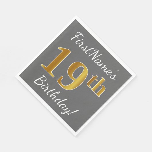 Serviette En Papier Grey, Faux Gold 19e anniversaire + Nom personnalis (Coin)