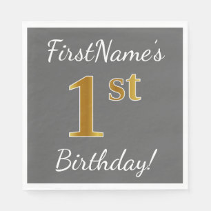Serviette En Papier Grey, Faux Gold 1er anniversaire + Nom personnalis