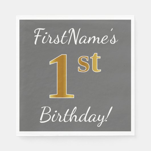 Serviette En Papier Grey, Faux Gold 1er anniversaire + Nom personnalis (Devant)