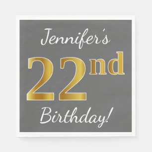 Serviette En Papier Grey, Faux Gold 22e anniversaire + Nom personnalis