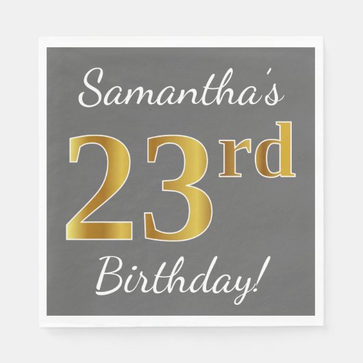 Serviette En Papier Grey, Faux Gold 23e anniversaire + Nom personnalis (Devant)