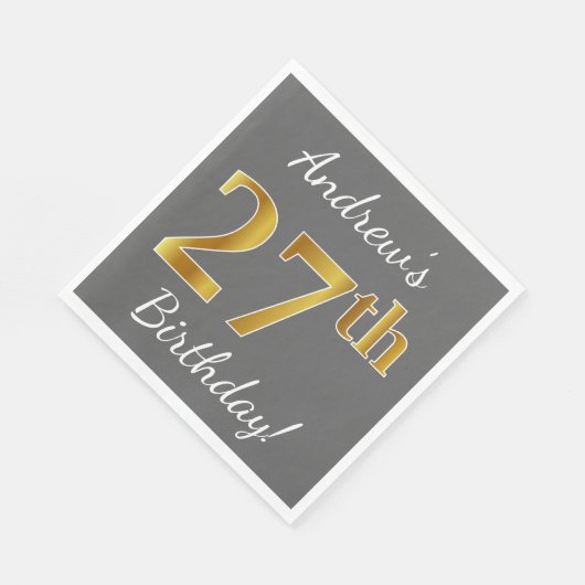 Serviette En Papier Grey, Faux Gold 27th Birthday + Nom personnalisé (Coin)