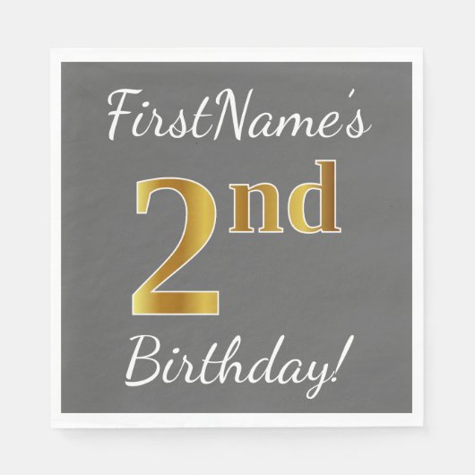 Serviette En Papier Grey, Faux Gold 2e anniversaire + Nom personnalisé (Devant)