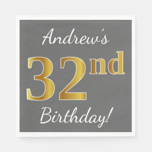 Serviette En Papier Grey, Faux Gold 32e anniversaire + Nom personnalis