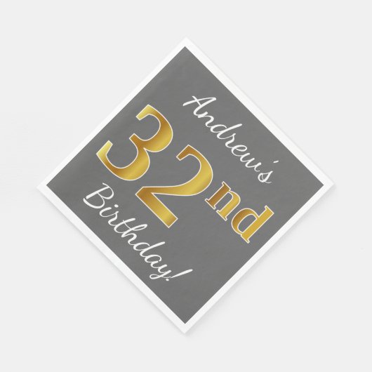 Serviette En Papier Grey, Faux Gold 32e anniversaire + Nom personnalis (Coin)