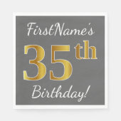 Serviette En Papier Grey, Faux Gold 35e anniversaire + Nom personnalis (Devant)