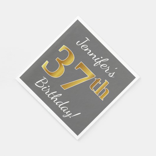Serviette En Papier Grey, Faux Gold 37th Birthday + Nom personnalisé (Coin)