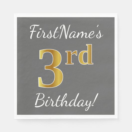 Serviette En Papier Grey, Faux Gold 3e anniversaire + Nom personnalisé (Devant)
