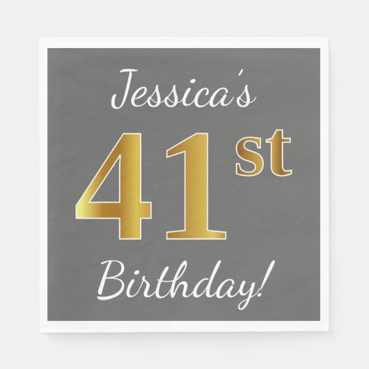 Serviette En Papier Grey, Faux Gold 41e anniversaire + Nom personnalis (Devant)