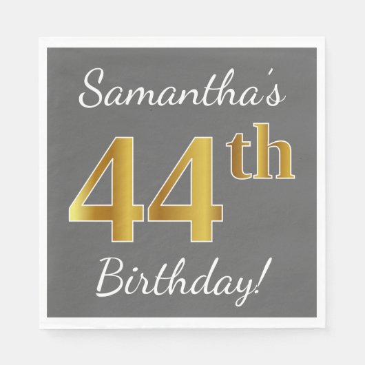 Serviette En Papier Grey, Faux Gold 44e anniversaire + Nom personnalis (Devant)