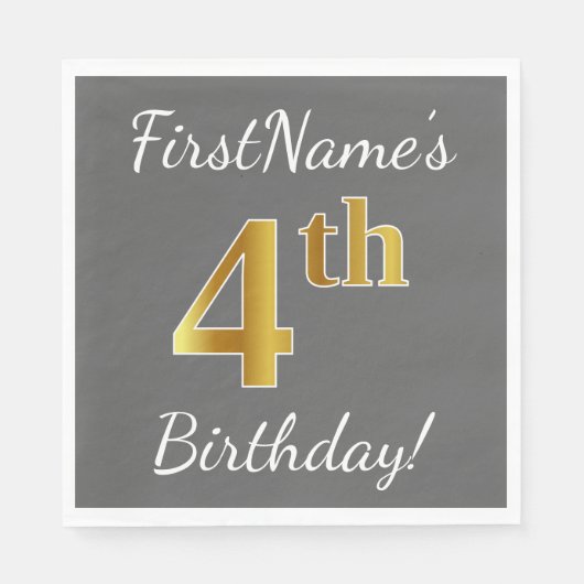 Serviette En Papier Grey, Faux Gold 4th Birday + Nom personnalisé (Devant)
