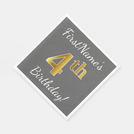 Serviette En Papier Grey, Faux Gold 4th Birday + Nom personnalisé (Coin)