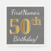 Serviette En Papier Grey, Faux Gold 50th Birthday + Nom personnalisé (Devant)