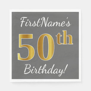Serviette En Papier Grey, Faux Gold 50th Birthday + Nom personnalisé