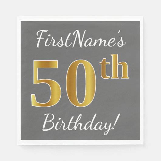 Serviette En Papier Grey, Faux Gold 50th Birthday + Nom personnalisé (Devant)