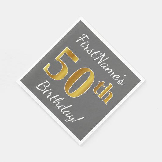 Serviette En Papier Grey, Faux Gold 50th Birthday + Nom personnalisé (Coin)