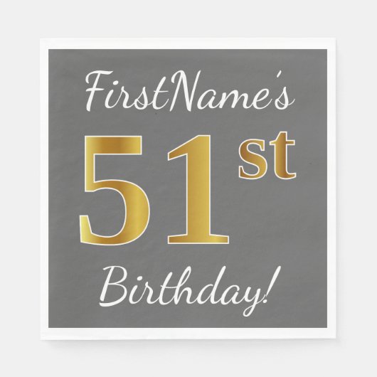 Serviette En Papier Grey, Faux Gold 51e anniversaire + Nom personnalis (Devant)