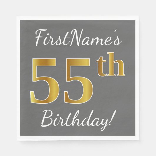 Serviette En Papier Grey, Faux Gold 55e anniversaire + Nom personnalis (Devant)