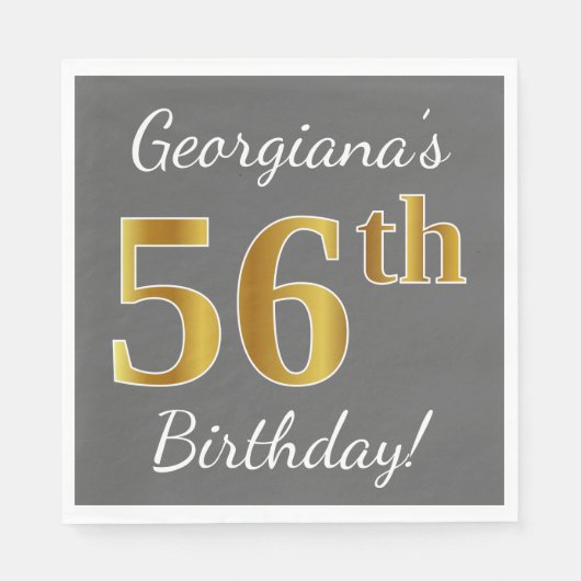 Serviette En Papier Grey, Faux Gold 56e anniversaire + Nom personnalis (Devant)