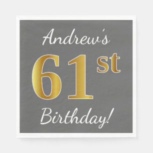 Serviette En Papier Grey, Faux Gold 61e anniversaire + Nom personnalis