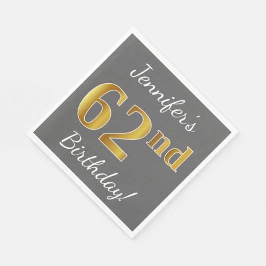 Serviette En Papier Grey, Faux Gold 62e anniversaire + Nom personnalis (Coin)