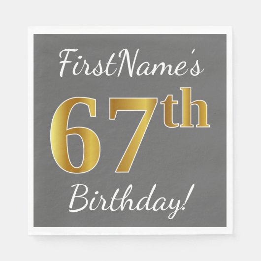 Serviette En Papier Grey, Faux Gold 67e anniversaire + Nom personnalis (Devant)