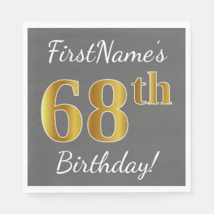 Serviette En Papier Grey, Faux Gold 68e anniversaire + Nom personnalis