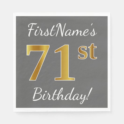 Serviette En Papier Grey, Faux Gold 71e anniversaire + Nom personnalis (Devant)