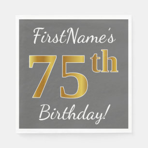Serviette En Papier Grey, Faux Gold 75e anniversaire + Nom personnalis