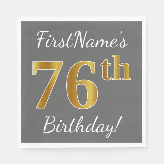 Serviette En Papier Grey, Faux Gold 76e anniversaire + Nom personnalis (Devant)