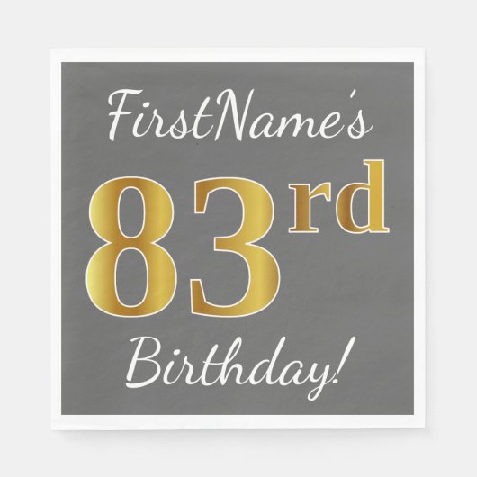 Serviette En Papier Grey, Faux Gold 83e anniversaire + Nom personnalis (Devant)