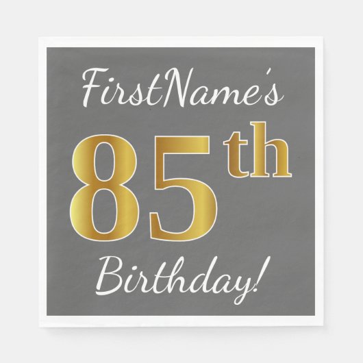 Serviette En Papier Grey, Faux Gold 85e anniversaire + Nom personnalis (Devant)