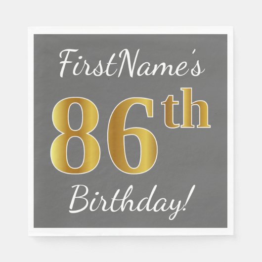 Serviette En Papier Grey, Faux Gold 86e anniversaire + Nom personnalis (Devant)