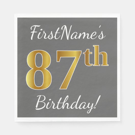 Serviette En Papier Grey, Faux Gold 87e anniversaire + Nom personnalis (Devant)