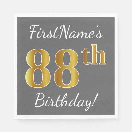 Serviette En Papier Grey, Faux Gold 88e anniversaire + Nom personnalis (Devant)