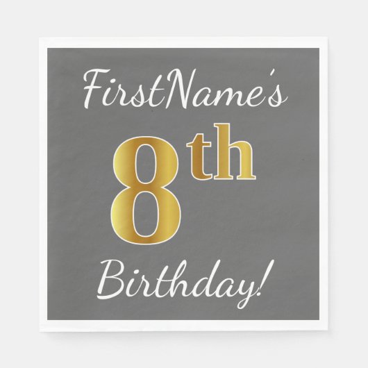 Serviette En Papier Grey, Faux Gold 8e anniversaire + Nom personnalisé (Devant)