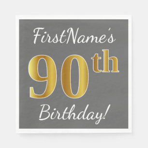 Serviette En Papier Grey, Faux Gold 90e anniversaire + Nom personnalis