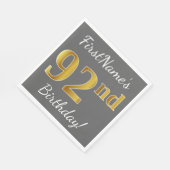 Serviette En Papier Grey, Faux Gold 92e anniversaire + Nom personnalis (Coin)