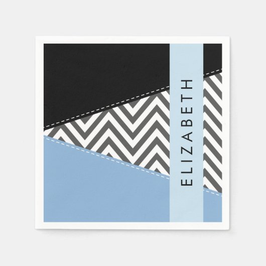 Serviette En Papier Grey Zigzag, Grey Chevron, Bleu, Votre Nom (Devant)