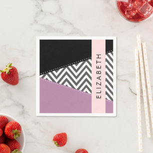 Serviette En Papier Grey Zigzag, Grey Chevron, Purple, Votre Nom