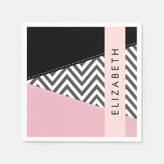 Serviette En Papier Grey Zigzag, Grey Chevron, Rose, Votre Nom (Devant)