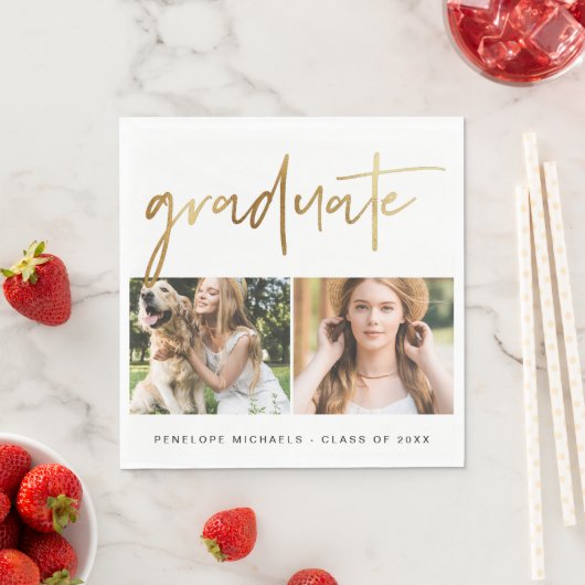 Serviette En Papier Grille photo moderne Faux Gold Graduate Script Bla (En situation)